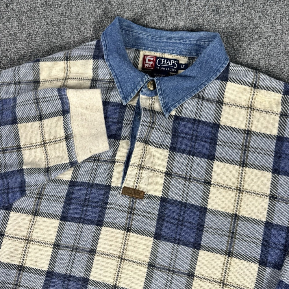 Vintage Chaps Ralph Lauren Waffle Knit Plaid Rugby Shirt Denim Collar Men's LT